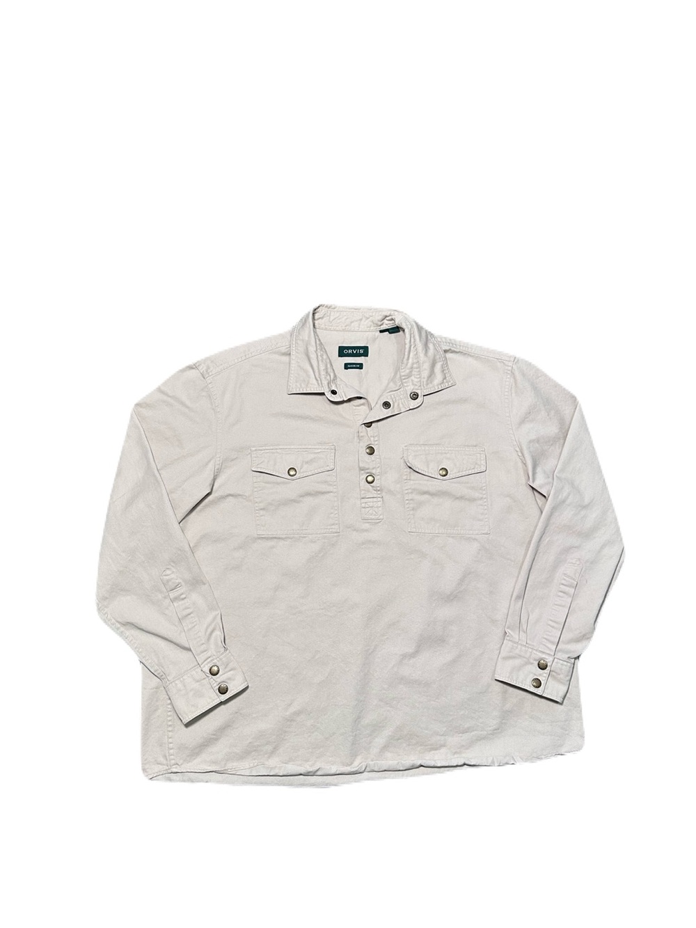 Orvis Malpai Popover Henley Shirt Mens XL Beige Thick Cotton Canvas Snap